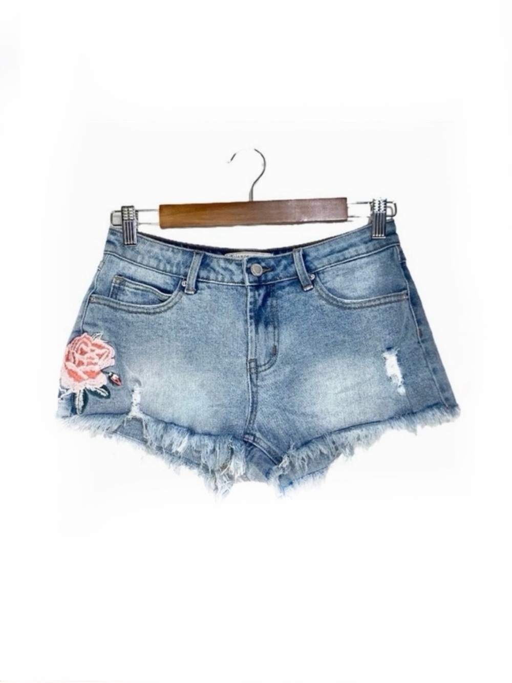 Angel Kiss Womens Mid Rise Floral Embroidered Distressed Denim Cutoff Shorts 5